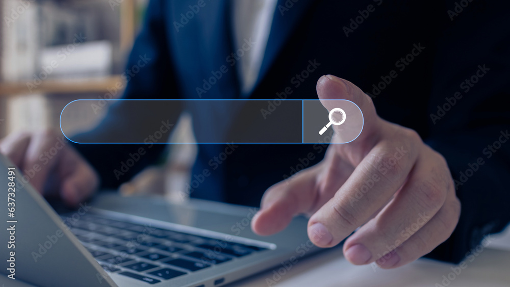 Fototapete seo search engine optimization and data search technology, businessman using laptop computer with bl