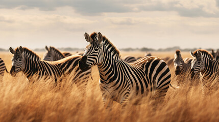 A herd of zebras running through a field.Generative Ai - obrazy, fototapety, plakaty