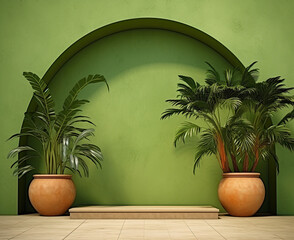 Interior design featuring a potted palm tree against a green wall