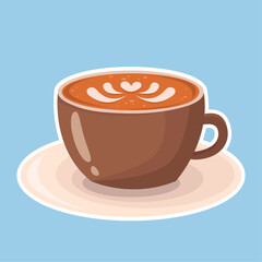 A cup of hot aromatic cappuccino. Vector set of coffee cups. Vector illustration of delicious fragrant coffee on a blue background