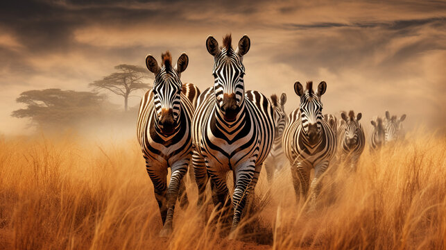A herd of zebras running through a field.Generative Ai