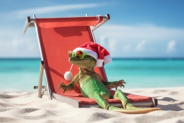 cartoon dragon in a red New Year's hat meets Christmas at sea