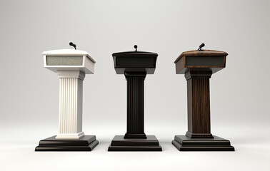 Podium Tribune . Debate Podium Rostrum Stand With Microphones. Business Presentation Or Conference, Speech Isolated 