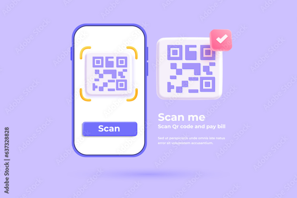 Poster 3d render of smartphone and push button to scans qr code for online payment, money transaction on mo
