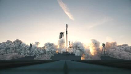 Space rocket launch from spaceport.  Space launch system. Launch of the spaceship - Powered by Adobe