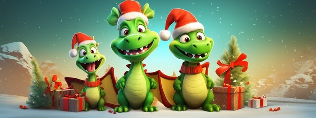 Fototapeta premium christmas concept. family of green cartoon dragons on a plain background