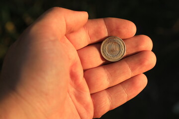 Old Polish coin in hand