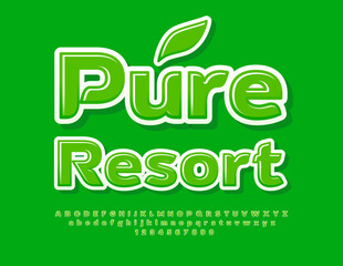 Vector eco concept Pure Resort. Glossy Green Font. Artistic set of Alphabet Letters and Numbers set