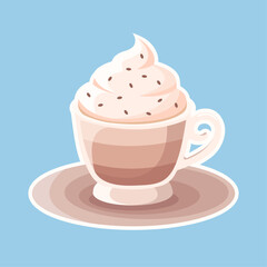Cup of hot coffee with cream. Vector set of coffee cups. Vector illustration of delicious fragrant coffee on a blue background