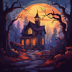 An old mystical house with ghosts among the trees and thick fog. Halloween night. Cartoon style illustration, generated by AI.
