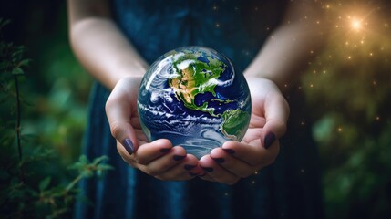 Symbolic, Green, Nature, Child, Globe, Palms, Hands, Environment, Earth, World. Fate in My Hands. Closeup on two young female hands holding a little fragile Earth sphere in her palms