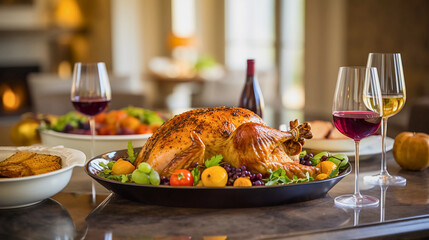 Centered Thanksgiving turkey on a table with glasses of wine, mouthwatering and perfectly cooked, under soft natural light, capturing a delectable essence.