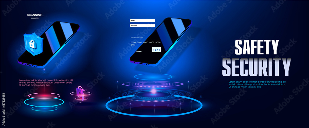 Poster cyber security and protection. concept banner with smartphone. protecting your bank account from hac