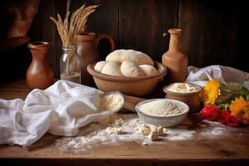 fresh dough and flour on wooden table