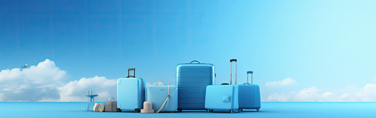 blue Travel Suitcases on Blue background sky clouds