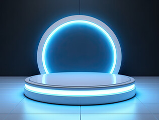 Shiny Blue and white podium on a Clear Background with Glass Sphere and Light Reflection, advertising