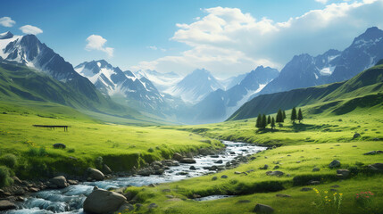 landscape with lake and mountains. Generative Ai