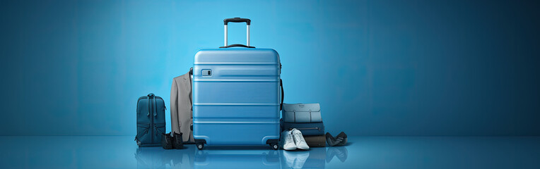 blue Travel Suitcase with shoes,bag and cloth on Blue background