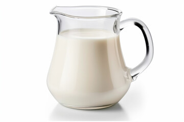 a pitcher of milk on a white surface