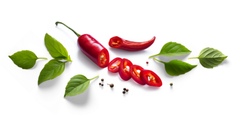 Fresh herb basil leaves and red chilli pepper isolated on white background. Transparent background and natural transparent shadow; Ingredient, spice for cooking. collection for design