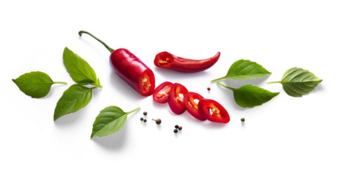 Wall murals Hot chili peppers Fresh herb basil leaves and red chilli pepper isolated on white background. Transparent background and natural transparent shadow  Ingredient, spice for cooking. collection for design