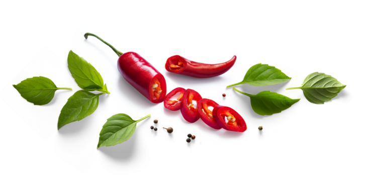 Fresh herb basil leaves and red chilli pepper isolated on white background. Transparent background and natural transparent shadow; Ingredient, spice for cooking. collection for design