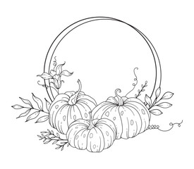 Thanksgiving Frame Outline. Pumpkins Line Art Illustration, Outline Pumpkin arrangement Hand Drawn Illustration. Coloring Page with Pumpkins.  Thanksgiving Pumpkins set. Thanksgiving Pumpkins set isol