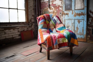 colorful patchwork quilt draped over a rustic chair
