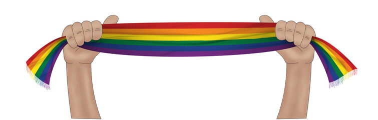 3d illustration. Hand holding flag of LGBTQ rainbow on a fabric ribbon background. Freedom and love concept. Activism, community and freedom Concept.