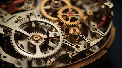 Fototapeta na wymiar Clock surrounded by gears. Generative Ai