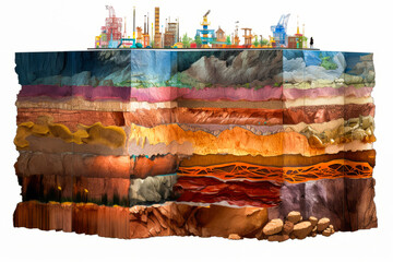 Spectacular Earth cross-section showcasing diverse geological layers, prominent drill descending to oil-rich layer signifies China's deep drilling operations. - obrazy, fototapety, plakaty