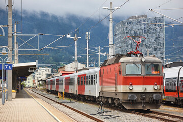 Innsbruck railway station platform. Austrian transportation. European destination