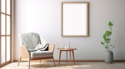 Empty frame on wooden table with flowers on white wall.Generative Ai