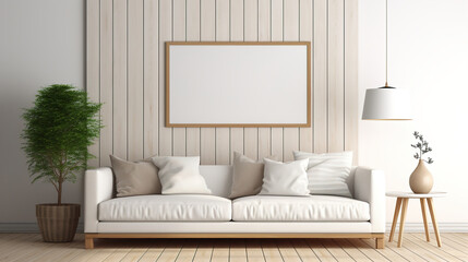 Empty frame on wooden table with flowers on white wall.Generative Ai