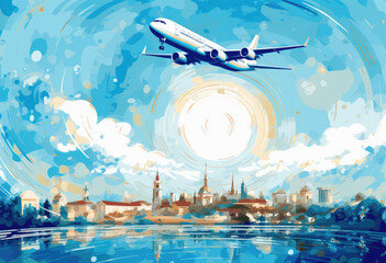 ilustration airplane in the sky travel world landmarks