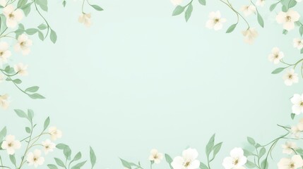 White Floral Pattern, Flowers, Wallpaper, Rectangular texture, Green, Nature, Twigs. White flowers and green leaves texture with light blue background.