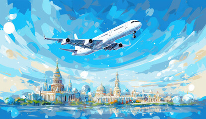 ilustration airplane in the sky travel world landmarks