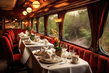 retro train dining car with elegant table settings