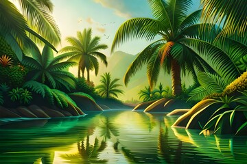 Obraz premium Beautiful green jungle of lush palm leaves, palm trees in an exotic tropical forest, tropical plants nature concept for panorama , selective sharpness