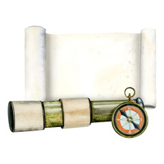 Watercolor spyglass, compass and paper scroll nautical sailing navigation illustration isolated on white background, hand drawn pirate lens. Travel drawing clipart for party invitations and quizz