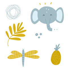 Child set with head, face of a elephant, line round doodles, branch with leaves, insect dragonfly, pineapple
