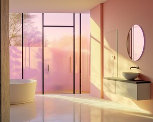 This vibrant pink bathroom features a modern design, complete with a sleek sink, stylish fixtures, a luxurious bathtub, a floor-to-ceiling mirror, and bright natural light streaming through the windo