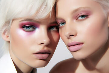 A closeup of two stylish women with bold pink makeup emphasizing their bright eyes and lips, highlighting their natural beauty with a glamorous makeover