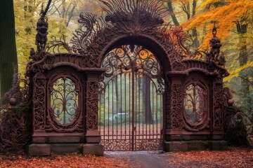 ornate iron gateway with a mysterious path beyond