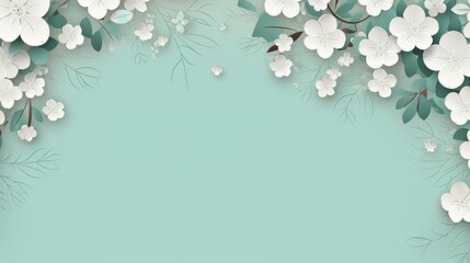White Floral Pattern, Flowers, 3D Green Texture, Rectangular, Nature, Twig. Flowers and green leaves texture with light blue background.