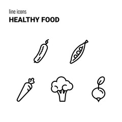 Set of five outline Healthy Food icons, vegetable symbols, vector pictograms, logos, outline drawings, cucumber, peas, carrot, broccoli and radish.