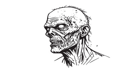 Zombie head vector illustration sketch, drawn with black lines, isolated on white background, for halloween holiday