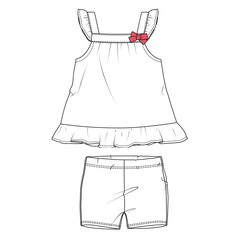 Baby girls tops blouse dress and shorts technical drawing fashion flat sketch vector illustration template 