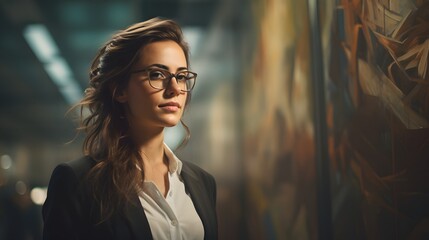 Photo of a woman admiring a painting while wearing glasses