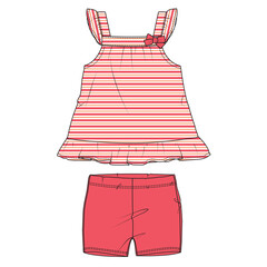Baby girls tops blouse dress and shorts technical drawing fashion flat sketch vector illustration template 